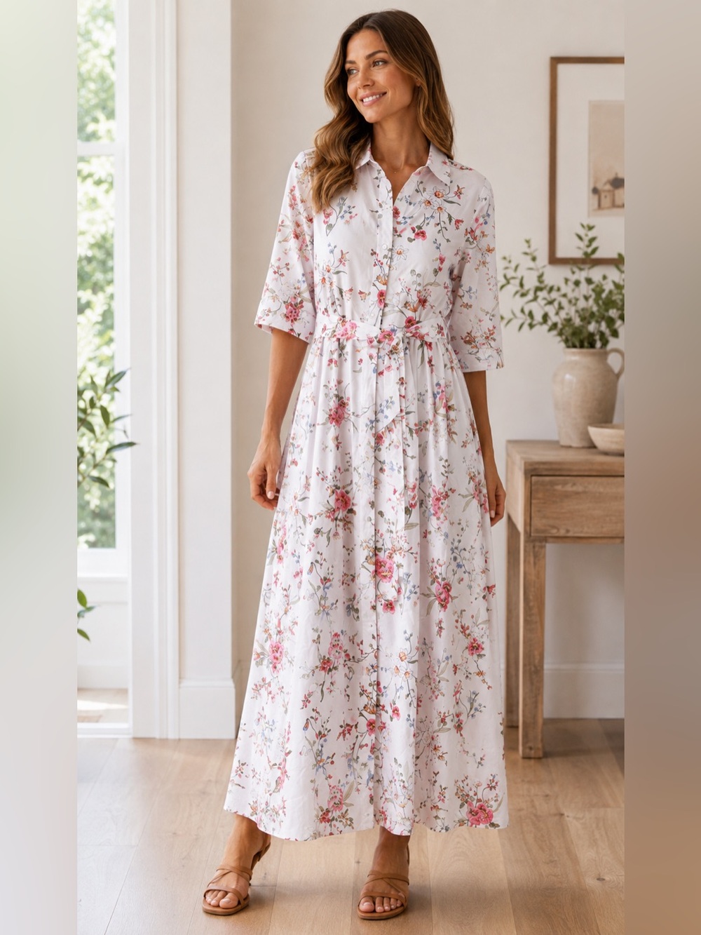 Hermoza / Francesca White Meadow Button-Front Midi Shirt Dress - Sz. M - NWT